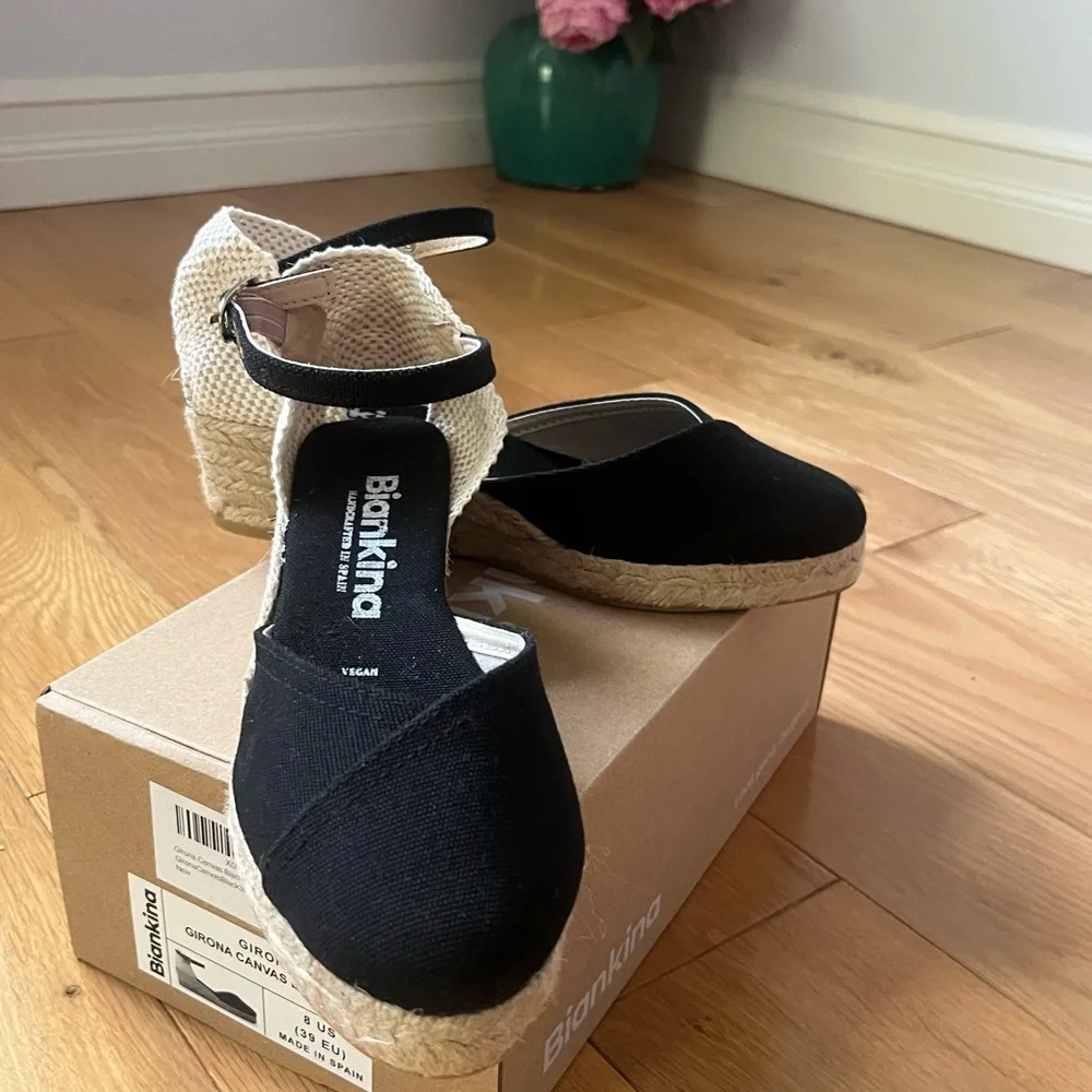 Black Canvas Espadrille Wedge with Ankle Strap